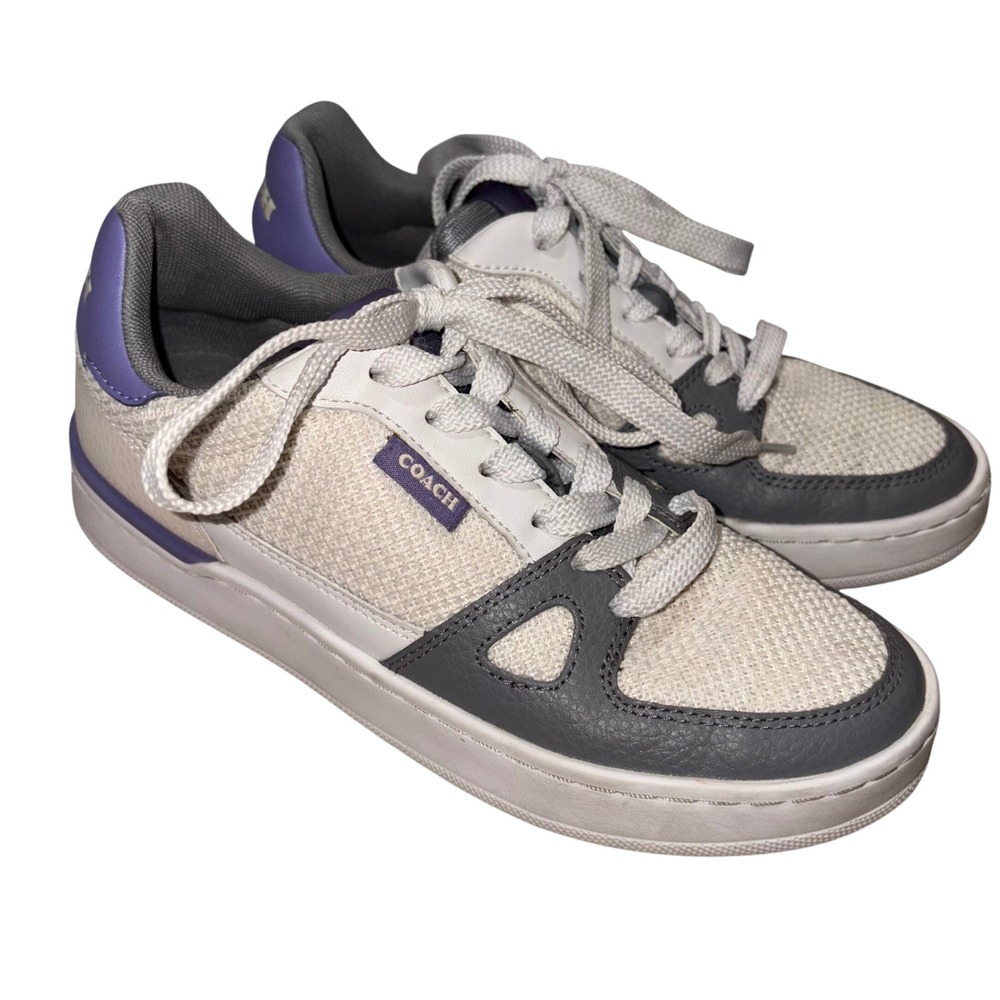 Coach Low Top Sneakers White Grey Purple Leather Mesh Lace‎ Up Women's Size 6